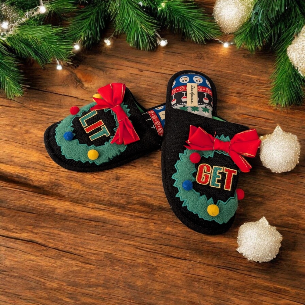 Festive Black Slippers with Holiday Design